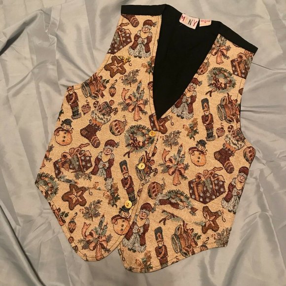 Christmas Snowman Santa Star Vest Vintage MNLY Beige Tan Claus EUC M - Picture 3 of 12